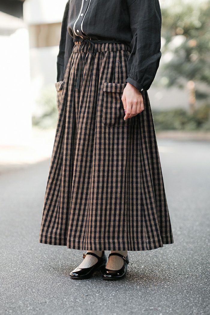 特価正規品MAGALIギンガムウール　ロングスカート　ブラウン×ブラック　マガリ スカート