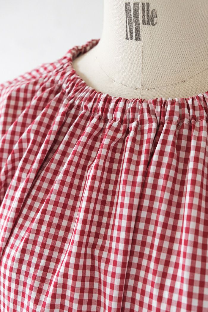 pot and tea｜チェック柄スモックボリュームワンピース（赤） pot and tea チェック柄スモックボリュームワンピース（ロング）