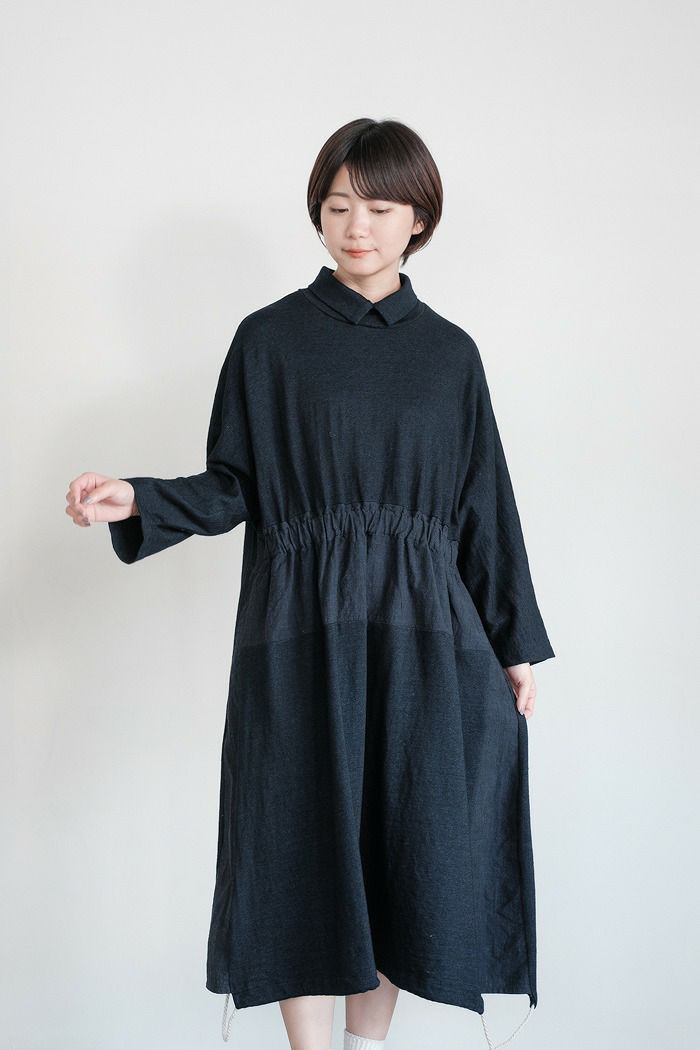図鑑 <br>インディゴ染めニットロングビッグ長袖プルオーバーワンピース(23AW)