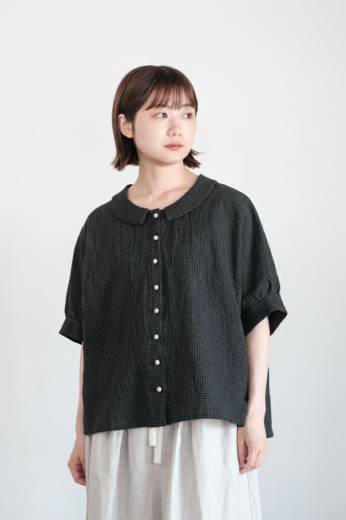 MAGALI マガリ <br>リネンコットンギンガム・フラットカラーブラウス(25SS)