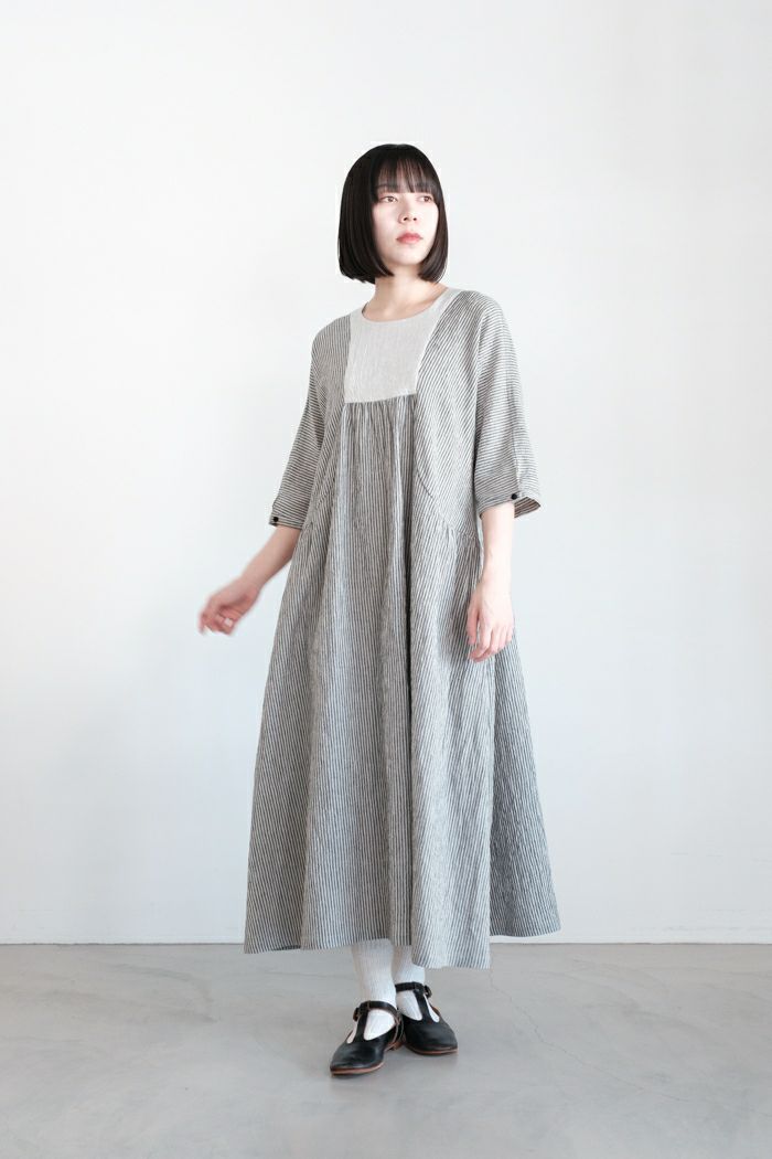 MAGALI マガリ <br>リネンコットンストライプ・ヨーク＆ギャザーワンピース(25SS)