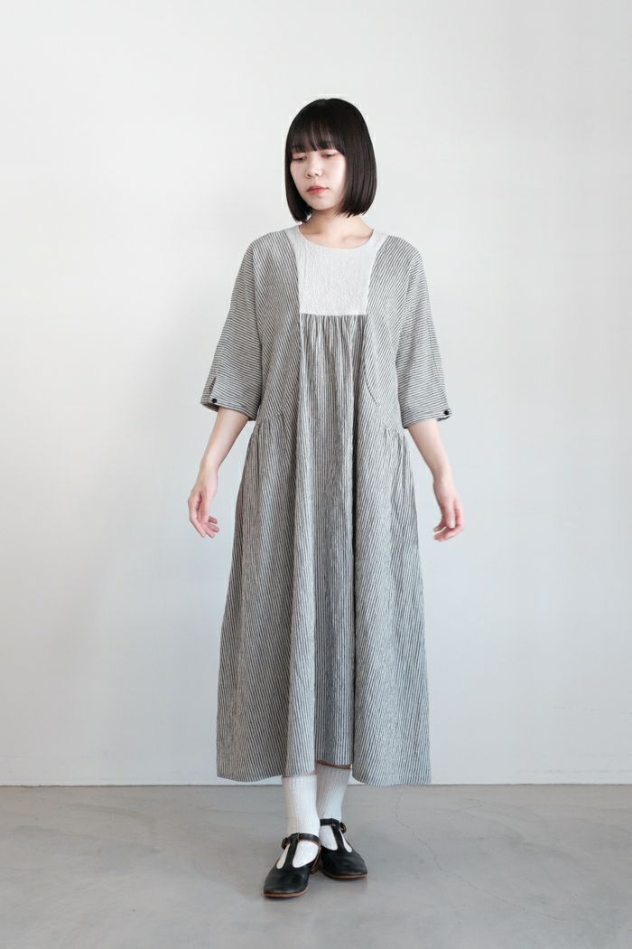 MAGALI マガリ リネンコットンストライプ・ヨーク＆ギャザーワンピース