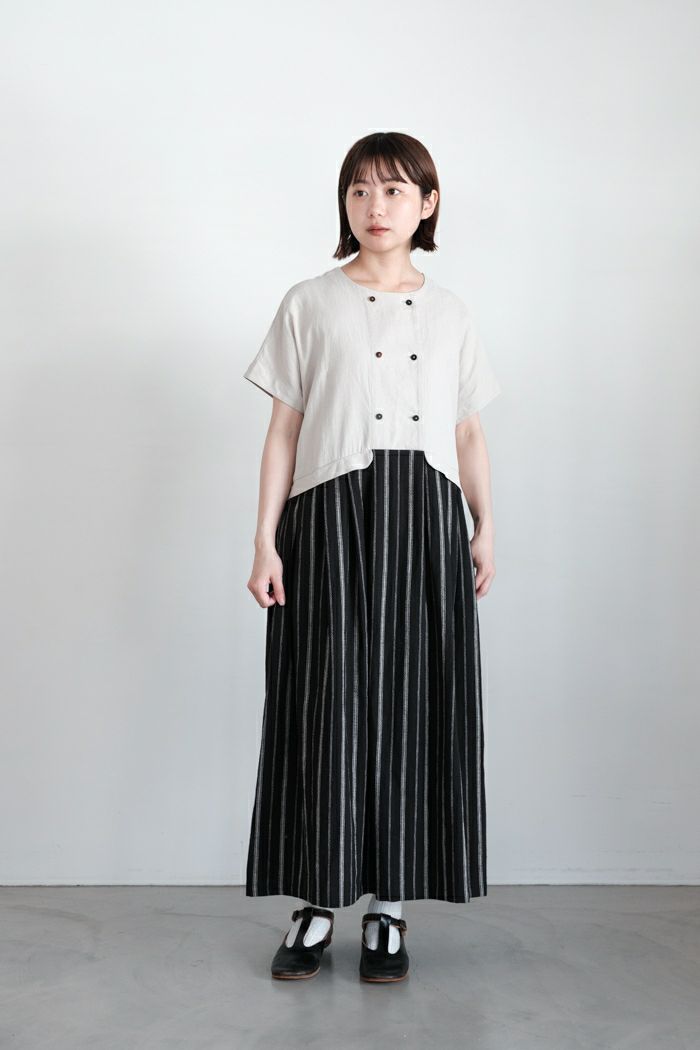 MAGALI マガリ <br>コットンリネンストライプ・ダブルボタン・ワンピース(25SS)
