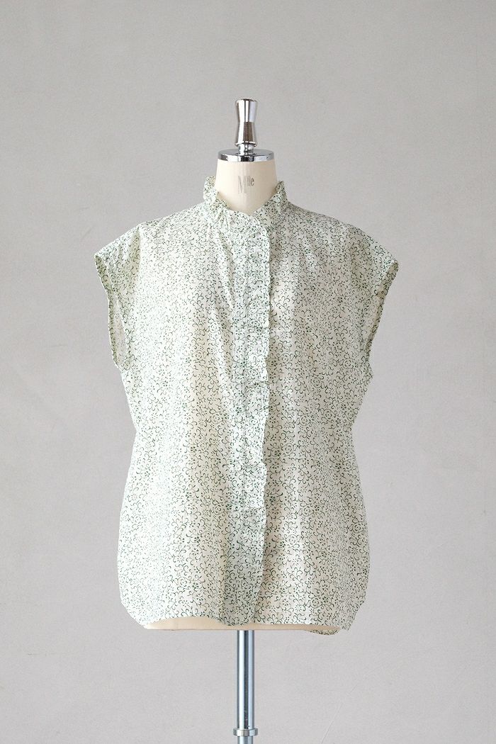 maison de soil メゾン ド ソイル<BR>POWER LOOM COTTON DOBIE CHECK ARABESQUE SCREEN PRINT NO/SL FRILL COLLAR SHIRT(25SS)