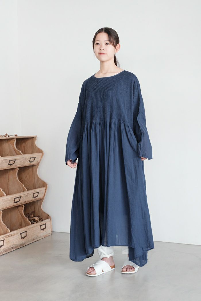 maison de soil メゾン ド ソイル<BR>80s ORGANIC STRIPE(OVERDYE) MINI PINTUCK PULLOVER DRESS(25SS)