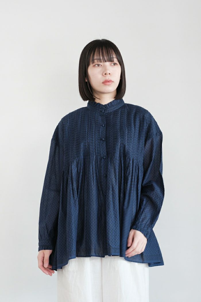 maison de soil メゾン ド ソイル<BR>80s VOILE DOT & TREE BLOCK PRINT FRILL COLLAR PINTUCK SHIRT WITH RANDOM PLEATS(25SS)