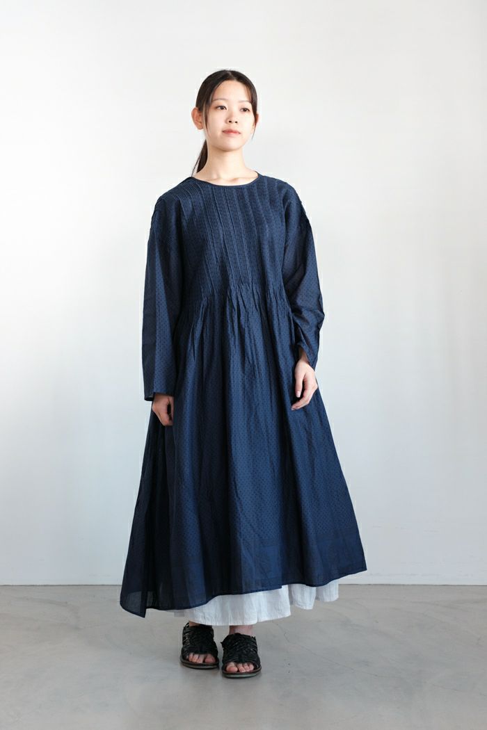 maison de soil メゾン ド ソイル<BR>80s VOILE DOT & TREE BLOCK PRINT CREW-NECK DRESS WITH RANDOM PLEATS(25SS)