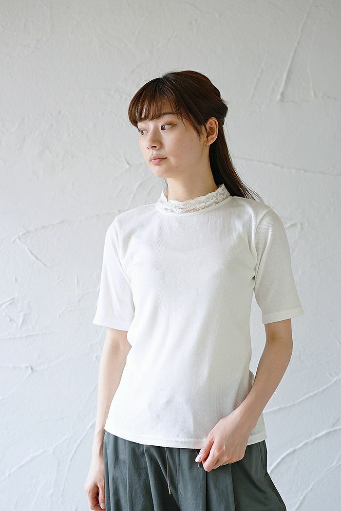 Porter des boutons ポルテデブトン <br>モックネックレース テレコ5分袖プルオーバー(25SS)