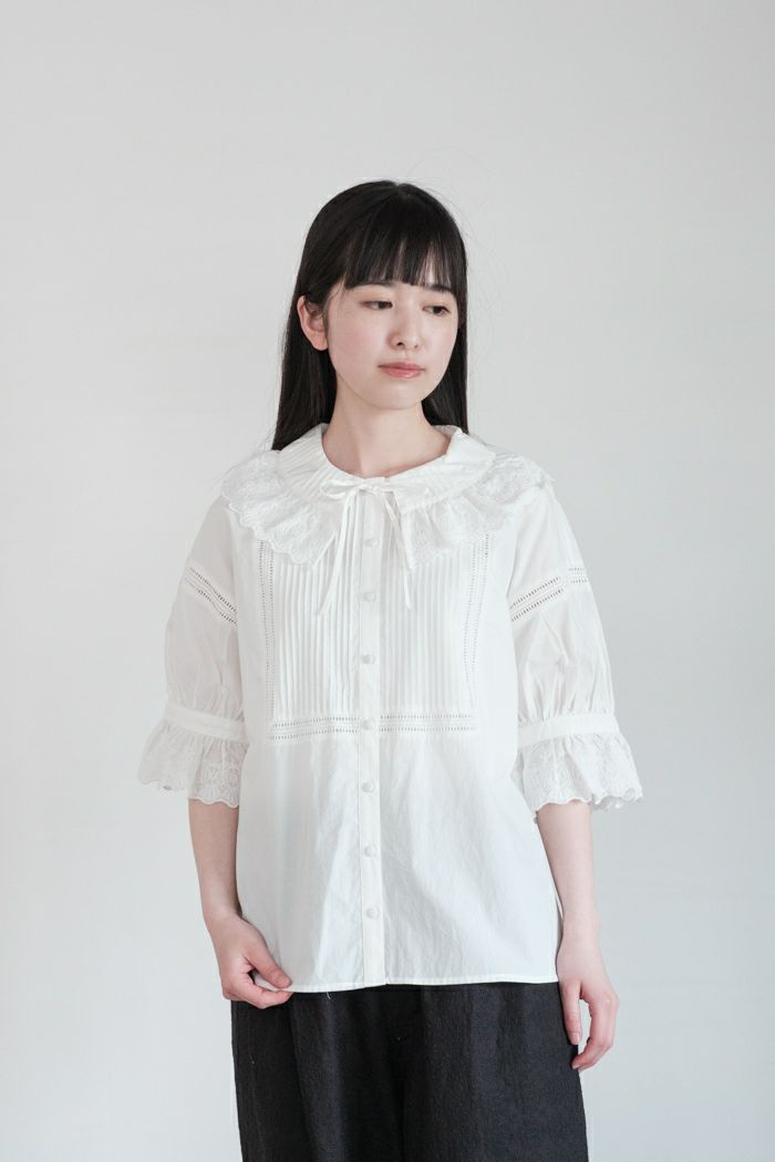 Dot and Stripes ドットアンドストライプス <br>ブロードレース ピンタック 5分袖ブラウス(25SS)