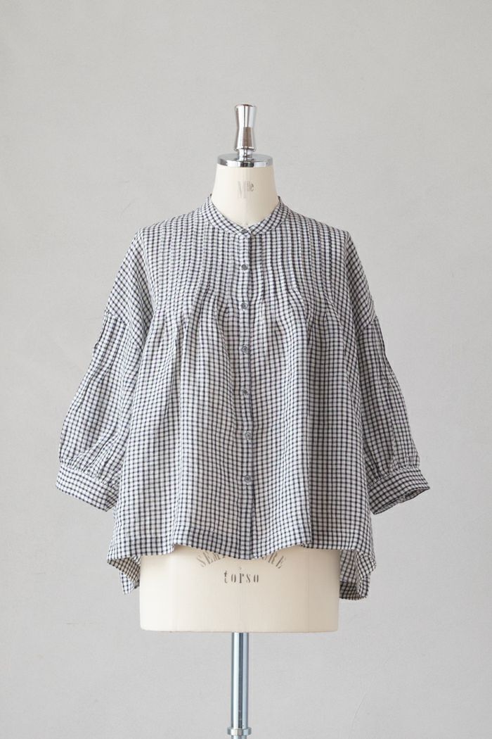 SOIL ソイル <BR>60'S LINEN CHECK BANDED COLLAR 3/4SL PINTUCK SHIRT(24AW)